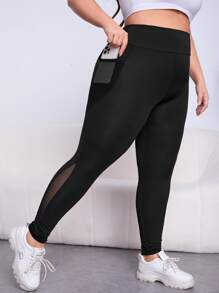 Yoga Trendy Plus Contrast Mesh Phone Pocket Sports Leggings - Black - View 1