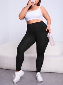 Yoga Trendy Plus Contrast Mesh Phone Pocket Sports Leggings - Black - View 3