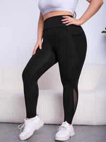 Yoga Trendy Plus Contrast Mesh Phone Pocket Sports Leggings - Black - View 4