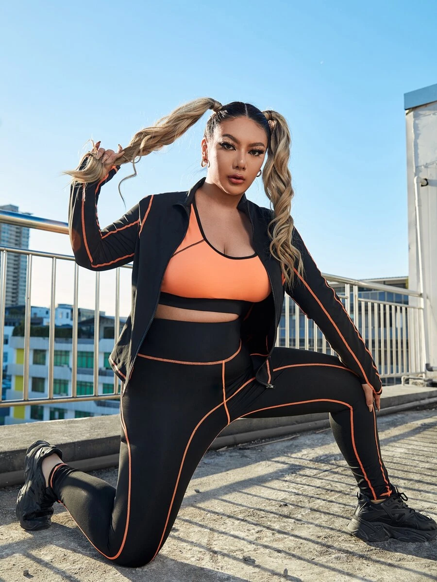 Conjunto deportivo con puntada con cremallera sin sujetador - Negro - Ver 1