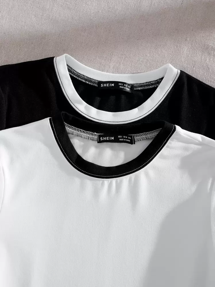 SHEIN Unity 2入組素色滾邊T恤 - 黑與白 - 查看 4