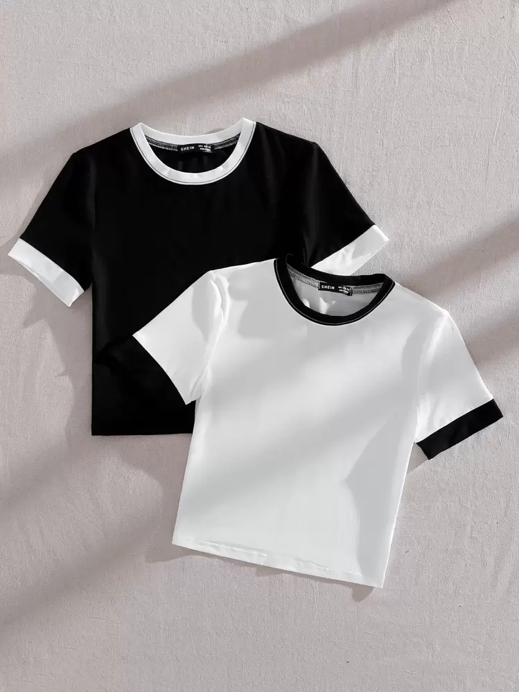 SHEIN Unity 2入組素色滾邊T恤 - 黑與白 - 查看 5