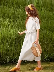 SHEIN Mädchen Hemdkleid mit Tasche vorn, Selbstgürtel