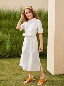 SHEIN Mädchen Hemdkleid mit Tasche vorn, Selbstgürtel