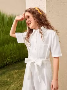 SHEIN Mädchen Hemdkleid mit Tasche vorn, Selbstgürtel