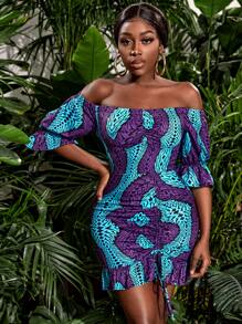 Slaydiva Đầm Dây kéo Thắt nút Xù Viên lá sen Đồ họa Boho - Nhiều màu - Xem 1