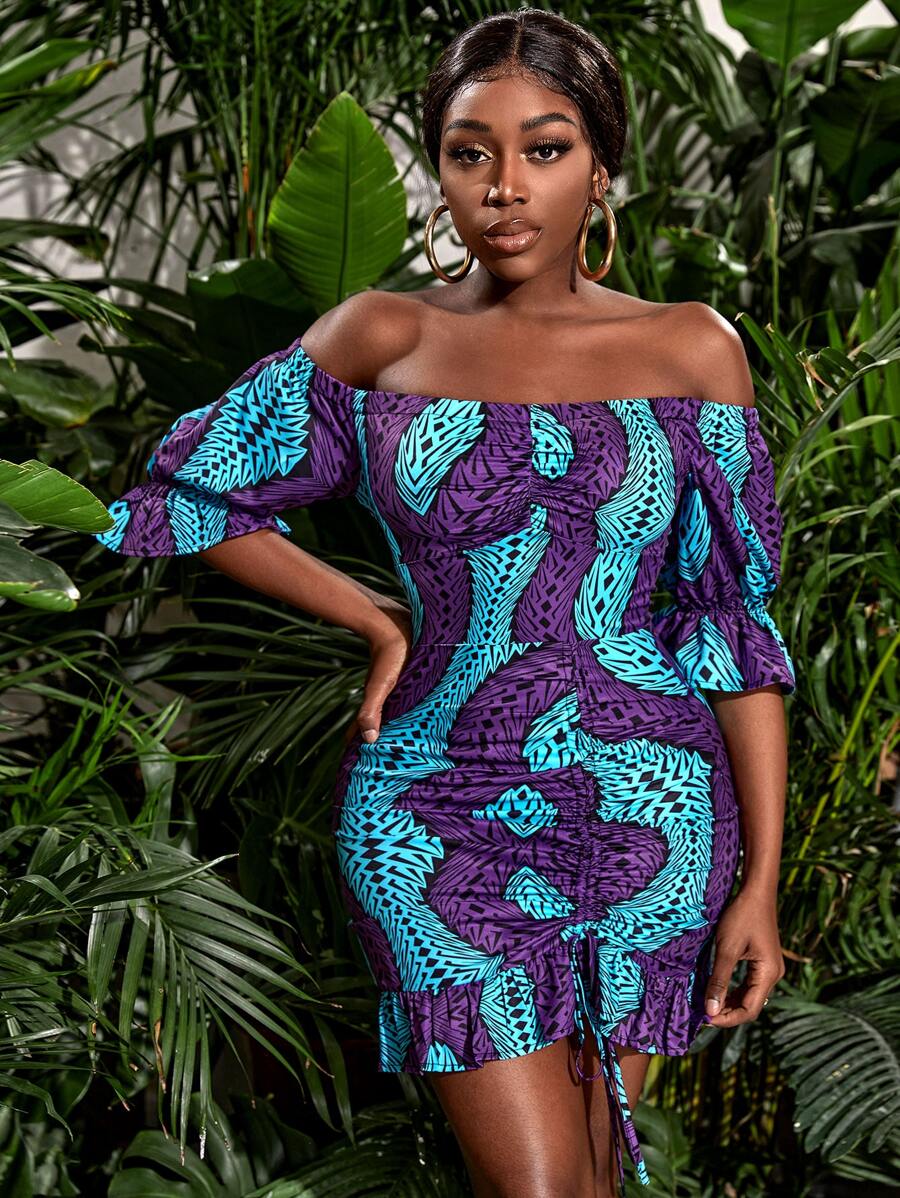 Slaydiva Đầm Dây kéo Thắt nút Xù Viên lá sen Đồ họa Boho - Nhiều màu - Xem 1