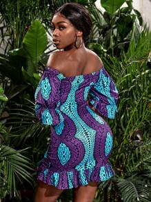 Slaydiva Đầm Dây kéo Thắt nút Xù Viên lá sen Đồ họa Boho - Nhiều màu - Xem 2