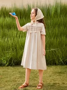 SHEIN Đầm Gái In chữ V Boho - Màu be - Xem 1