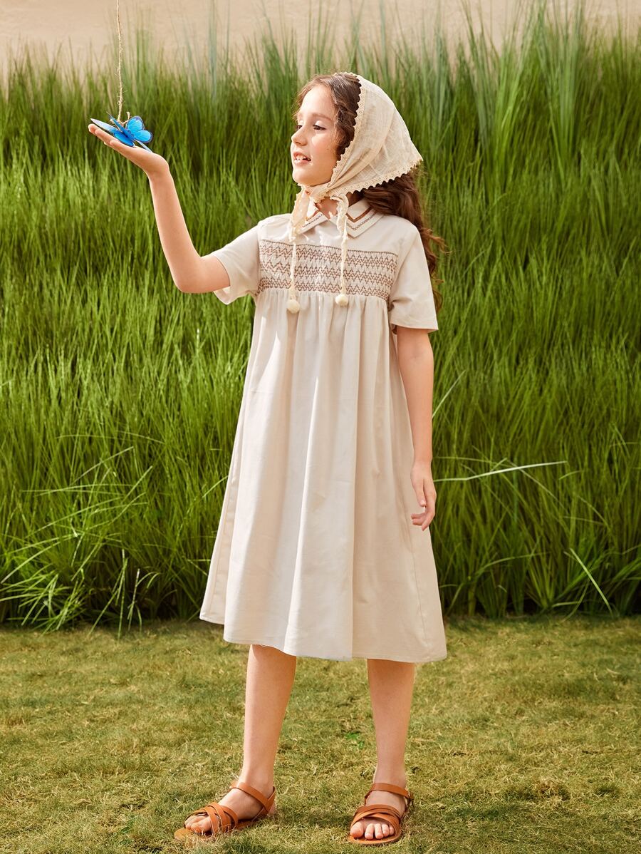 SHEIN Đầm Gái In chữ V Boho - Màu be - Xem 1