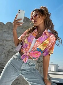 SHEIN Unity Floral Print Longline Blouse Women Shirt - Multicolor - View 1