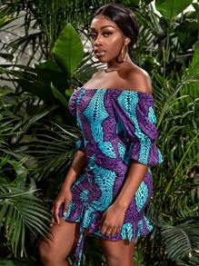 Slaydiva Đầm Dây kéo Thắt nút Xù Viên lá sen Đồ họa Boho - Nhiều màu - Xem 4