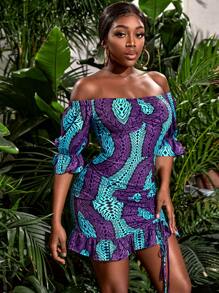 Slaydiva Đầm Dây kéo Thắt nút Xù Viên lá sen Đồ họa Boho - Nhiều màu - Xem 5