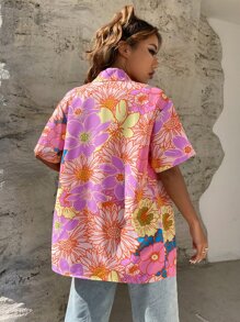 SHEIN Unity Floral Print Longline Blouse Women Shirt - Multicolor - View 2