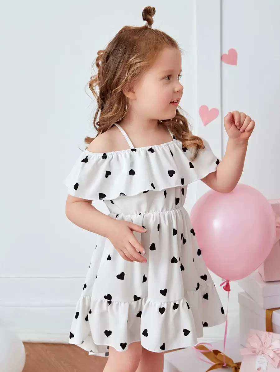SHEIN Toddler Girls Heart Print Cold Shoulder High Low Ruffle Hem Dress - White - View 1