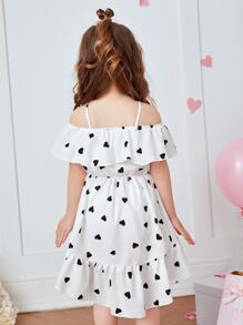 SHEIN Toddler Girls Heart Print Cold Shoulder High Low Ruffle Hem Dress - White - View 2