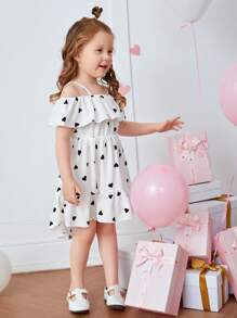 SHEIN Toddler Girls Heart Print Cold Shoulder High Low Ruffle Hem Dress - White - View 5