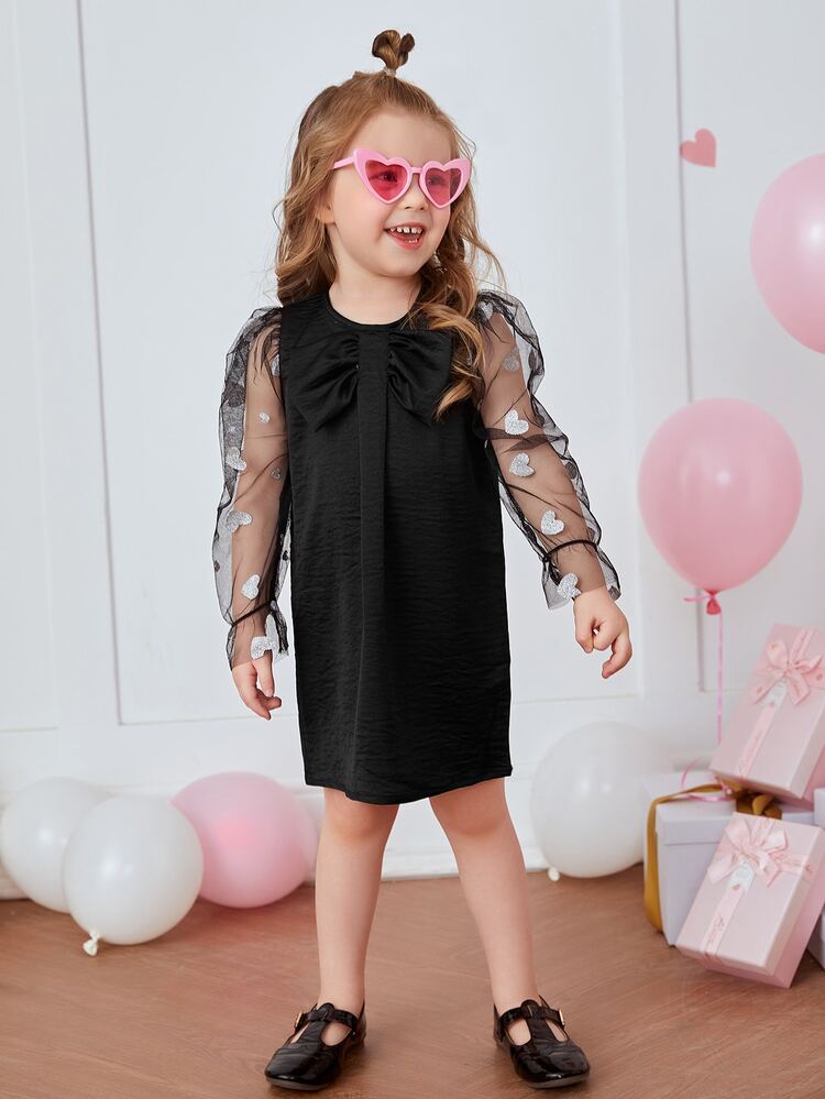 Toddler Girls Bow Front Contrast Heart Mesh Flounce Sleeve Dress - Black - View 5