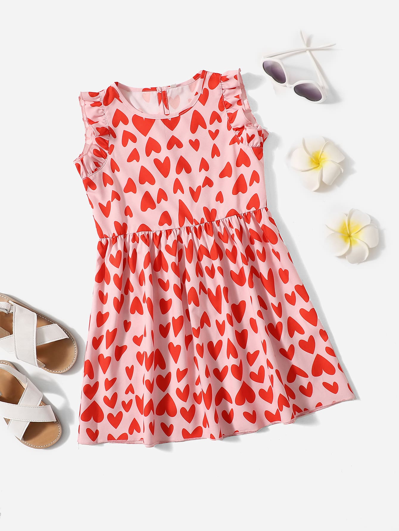 小女童愛心圖案褶邊連衣裙 - 粉色 - 查看 1