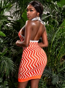 Slaydiva Chevron Print Button Front Backless Bodycon Dress - Orange - View 2
