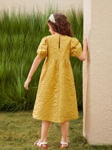 SHEIN Niñas Vestido de manga farol con abertura trasera con textura tejido - Amarillo - Ver 2