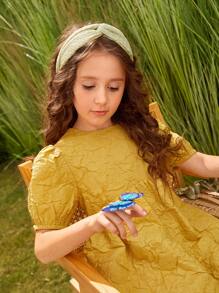 SHEIN Niñas Vestido de manga farol con abertura trasera con textura tejido - Amarillo - Ver 4