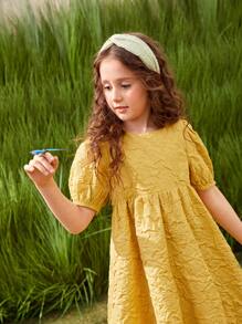 SHEIN Niñas Vestido de manga farol con abertura trasera con textura tejido - Amarillo - Ver 5