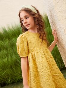 SHEIN Niñas Vestido de manga farol con abertura trasera con textura tejido - Amarillo - Ver 6