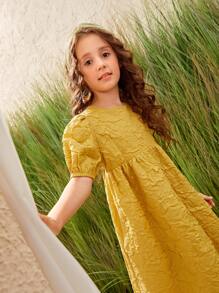 SHEIN Niñas Vestido de manga farol con abertura trasera con textura tejido - Amarillo - Ver 7