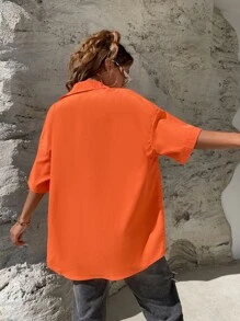 SHEIN Unity 熒光橙落肩袖弧形下擺襯衫 - 橘色 - 查看 3