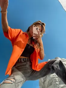 SHEIN Unity 熒光橙落肩袖弧形下擺襯衫 - 橘色 - 查看 4