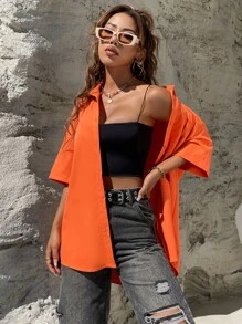 SHEIN Unity 熒光橙落肩袖弧形下擺襯衫 - 橘色 - 查看 5