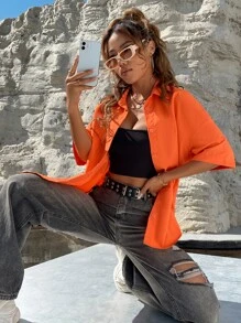 SHEIN Unity 熒光橙落肩袖弧形下擺襯衫 - 橘色 - 查看 6