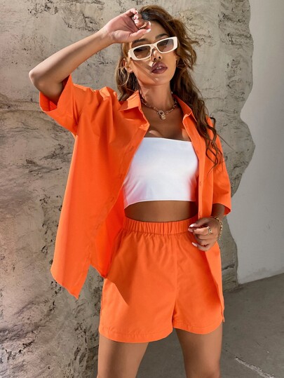 SHEIN Unity arancio neon abbottonato spalle cadenti Camicia & Shorts