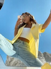 SHEIN Unity 螢光黃西裝領補丁貼口袋落肩袖襯衫 - 黃色 - 查看 6