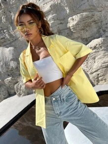 SHEIN Unity 螢光黃西裝領補丁貼口袋落肩袖襯衫 - 黃色 - 查看 3