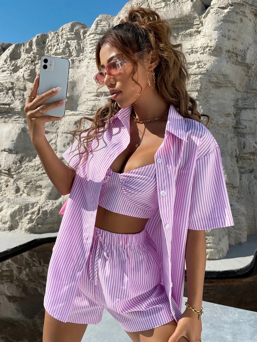SHEIN Unity 3pcs Striped Print Cami Top & Knot Front Shorts With Blouse - Pink - View 1