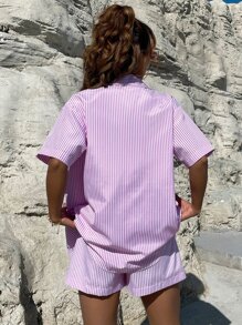 SHEIN Unity 3pcs Striped Print Cami Top & Knot Front Shorts With Blouse - Pink - View 4