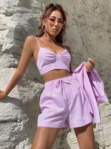 SHEIN Unity 3pcs Striped Print Cami Top & Knot Front Shorts With Blouse - Pink - View 5