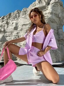 SHEIN Unity 3pcs Striped Print Cami Top & Knot Front Shorts With Blouse - Pink - View 3