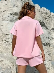 SHEIN Unity 素色吊脖吊帶上衣和運動短褲附上衣 - 珊瑚粉 - 查看 3