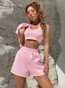 SHEIN Unity 素色吊脖吊帶上衣和運動短褲附上衣 - 珊瑚粉 - 查看 4