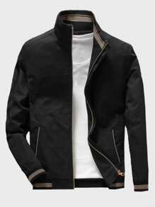 Manfinity Homme Loose Fit Men's Striped Trim Outdoor Windbreaker Jacket With Slant Pockets (Without A Tee) - Black - View 1