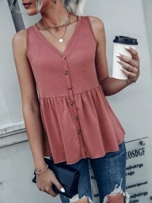 SHEIN LUNE Peplum Hem Button Front Tank Top - Redwood - View 3