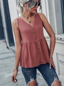 SHEIN LUNE Peplum Hem Button Front Tank Top - Redwood - View 4