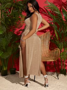 SHEIN SXY Đầm Dây kéo Thắt nút Tách cao màu trơn Gợi cảm - Màu Khaki - Xem 2