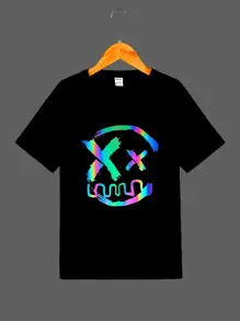 SHEIN Niños Camiseta de hombros caídos reflectante cara de dibujos animados patrón - Negro - Ver 1