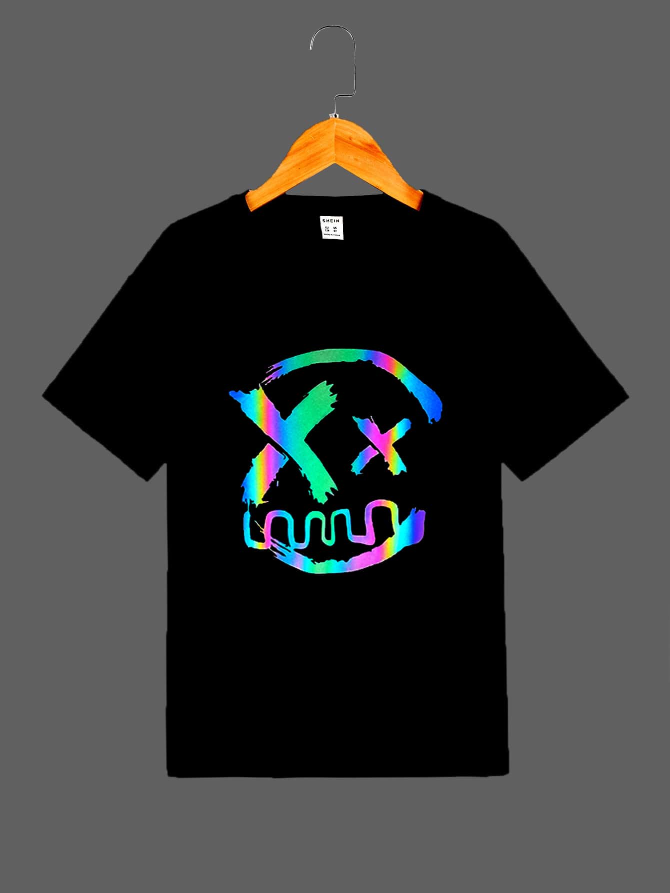 SHEIN Niños Camiseta de hombros caídos reflectante cara de dibujos animados patrón - Negro - Ver 1