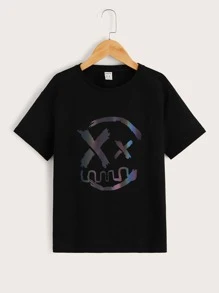 SHEIN Niños Camiseta de hombros caídos reflectante cara de dibujos animados patrón - Negro - Ver 3