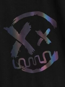 SHEIN Niños Camiseta de hombros caídos reflectante cara de dibujos animados patrón - Negro - Ver 4